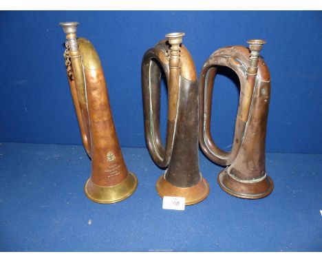 Two copper Bugles by George Potter &amp; Co, Aldershot and a copper and brass Bugle made by Boosey &amp; Hawkes Ltd for The B