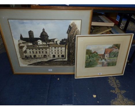A framed and mounted Watercolour of a water mill, initialled lower left D.S, together with a large framed Lithograph 'Assisi'