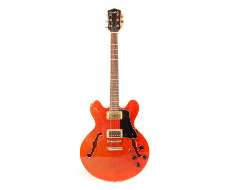 Westfield electric semi acoustic ES-335 style guitar, 63.5cm scale length, finished in trans red with cream binding and rosew