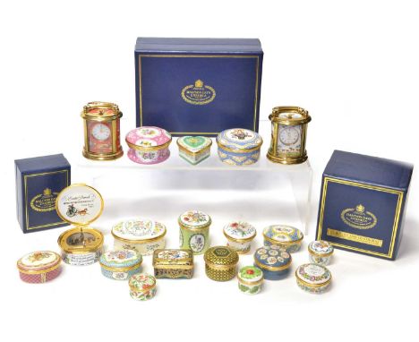 19 Halcyon Days Enamels to include 16 enamelled boxes, 1 music box and 2 small clocks. Highlights include two boxes based on 