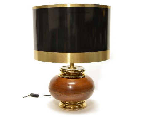Italian Zaccagnini brown earthenware ceramic lamp, bulbous form with brass foot and neck with large black and gold shade. pai