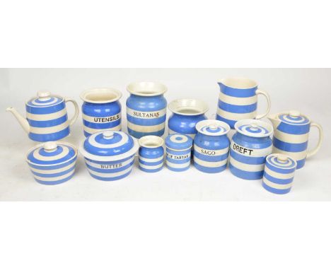 13 pieces of TG Green blue and white cornishware. Dreft Jar with green church backstamp for 'Green &amp; Co LTD Gresley Engla