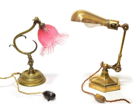 2 Early 20th Century table desk lamps to include a brass art deco anglepoise lamp with patented shade stamped 'RdNo684666' an