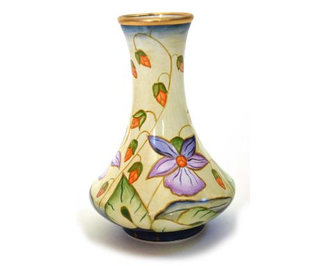 Moorcroft enamel baluster vase with 'Sweet Thief' design dated 5.10.01, cream ground, purple flowers and trailing red buds an