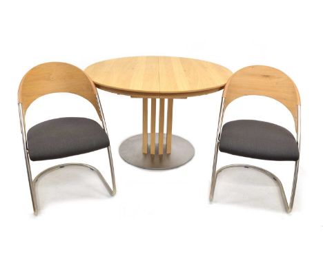 German Venjakob 'Chi' circular light oak mechanical extending dining table and 6 matching chrome and oak chairs with grey uph