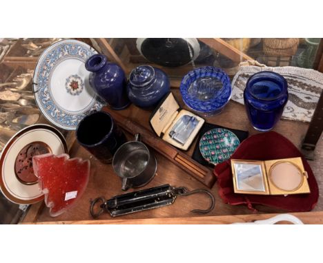 A Stratton powder compact together with another compact, Ronson lighter, beaded purse, vases, scales etc