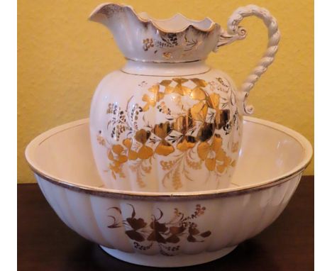 Victorian gilded ceramic jug and bowl set. Approx. 34cm H Reasonable used condition