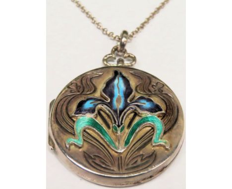 Pretty 925 silver and Art Nouveau style enamelled circular hinged locket, on 925 silver chain. Total Weight Approx. 15.2g rea