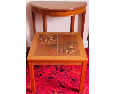 20th century tile topped side table plus halfmoon hall table Both in used condition, unchecked