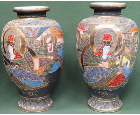 Pair of heavily gilded Japanese tube lined ceramic vases. Largest Approx. 39cms H reasonable used condition with minor wear t