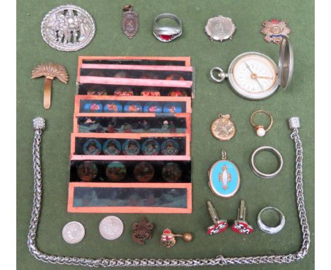 Sundry items Inc. link chain, pocket compass, cufflinks, badges, vintage colour slides, Titanium thumb ring, etc all used and