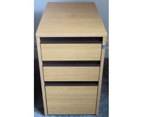20th century light oak three drawer filing cabinet. Approx. 65cm H x 39cm W x 63cm D Reasonable used condition, scuffs and sc