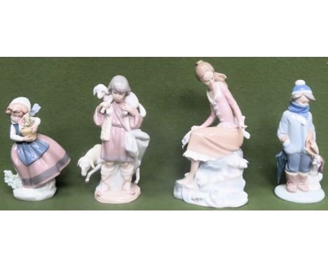 Four various Lladro glazed ceramic figures. Largest Approx. 23.5cms H all appear reasonable used condition
