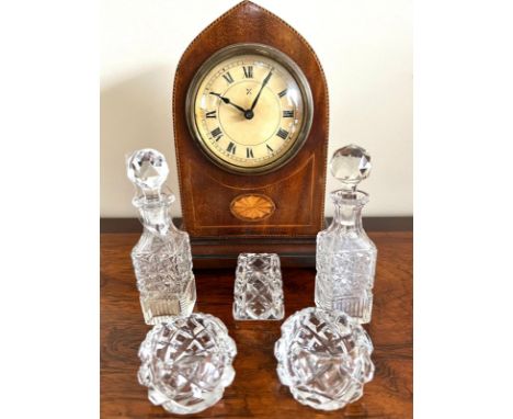 GOTHIC FORM INLAID MANTLE CLOCK, PLUS FIVE PIECED OF CUT GLASS WARE

 