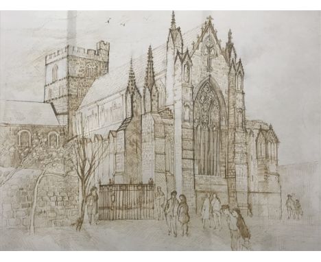 Colin Gard Allen (1926-1987) Cathedral / Carlisle, en plein air sketch of the cathedral with clusters of figures to the fore,