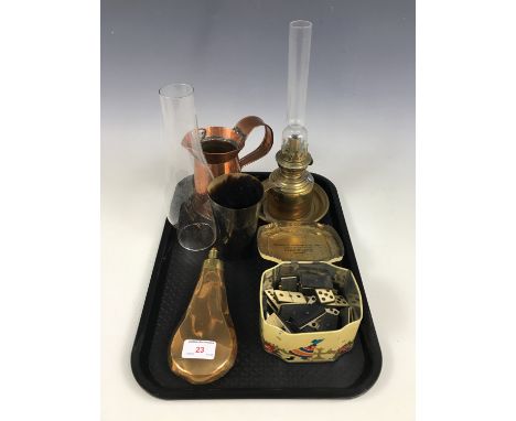 Sundry collectors' items including a brass powder flask, a brass oil lamp, a horn beaker and bone dominoes etc
