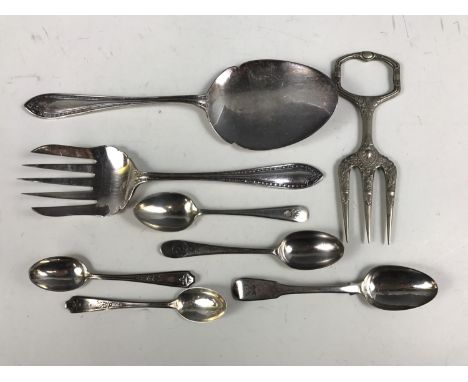 Sundry flatware including a Georgian silver teaspoon, two other silver spoons and an electroplate pastry fork etc