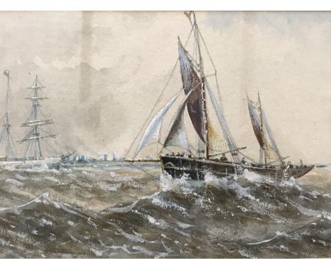 Edouard Adams (19th Century) Seascape with sailing vessels on atmospheric and choppy waters, farmed and mounted under glass, 