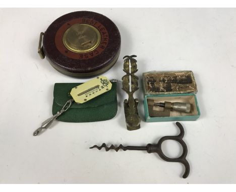 Sundry collectors' items including sovereign scales, a corkscrew and a scientific instrument tape measure etc