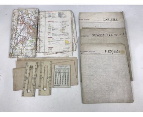 A number of Second World War military and other maps, together with two "Protractors, Rectangular, 6-inch, Ivorine, A Mk IV" 