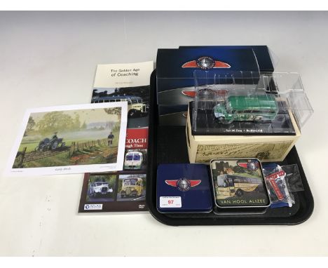 Die-cast classic coaches including Bedford VAC, a Bedford OB, a Van Hool T9, a Ferguson TE-20-1953 tractor, and a coach book 