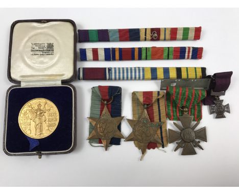 Sundry military medals including a cased Territorial Army Rifle Association prize, miniature Victoria Cross etc
