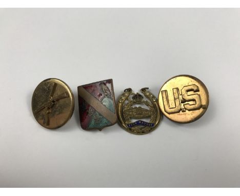 A Second World War Royal Tank Regiment sweetheart pendant, US Army collar badges and one other enamel badge