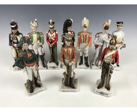 Ten porcelain military figurines including 1812 3rd Regiment of Dragoons trooper, 1818 15th Light Dragoons Officer etc, 24 cm