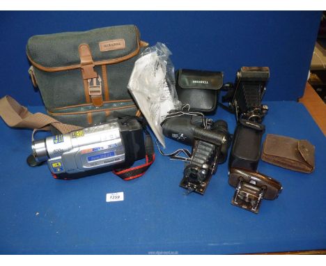 A quantity of vintage cameras and binoculars to include a Vest Pocket Kodak model B, cased Bushnell 8 x 30 binoculars a/f. an