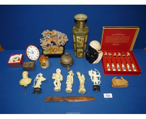 A quantity of miscellaneous a brass shop bell, gemstone tree, oriental figures, a novelty Huntley & Palmers biscuit tin in th