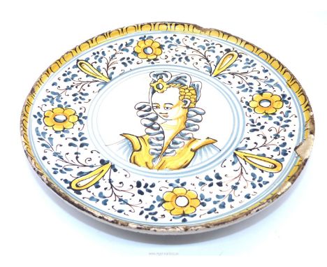 A very rare Bianchi da Faenza portrait dish, of footed form with the head and shoulders image of a lady of fashion within a b