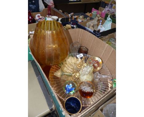 A quantity of glass to include: a large amber goblet, uranium dishes, pear paperweight, metal bird trinket pots, etc.