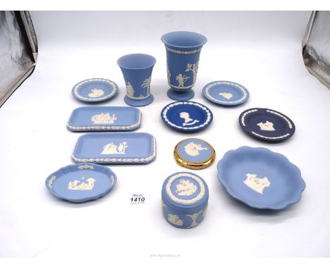 A quantity of Wedgwood blue Jasperware china to include: vases, pin trays, ashtray, compact, etc.