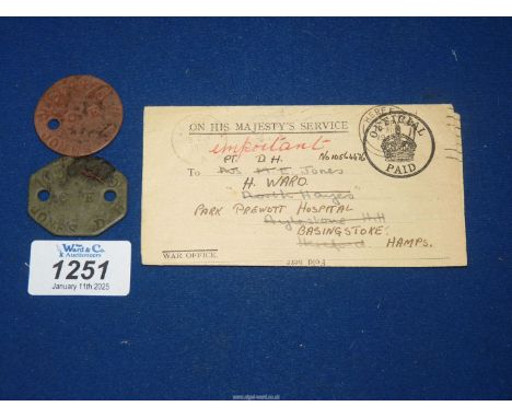 A set of WWII Dog tags for 10564476 Pte David Henry Jones of The Royal Army Ordnance Corps, along with a Army Form B 104-81 d
