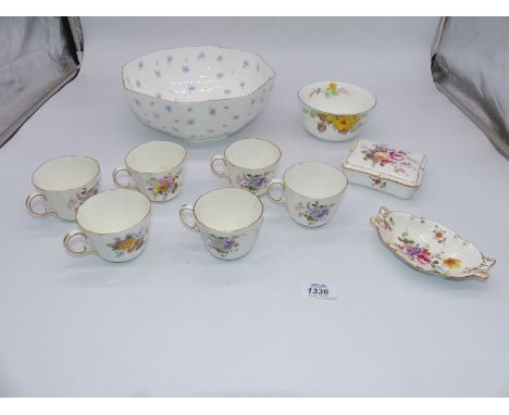 A quantity of china including; Royal Crown Derby trinket dish, cups, etc, a Shelley bowl and a floral hand painted bowl.
