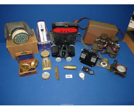 A quantity of miscellanea including; two cased binoculars (one being Omiya 8 x 30), gas mask, metronome, Salters letter balan