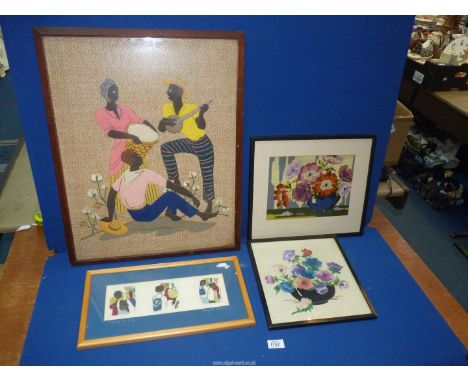 A signed embroidery by Margaret Walters titled 'Signing On Day', a framed applique scene, an embroidery, a tapestry of a flor