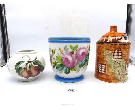 A Price Kensington Cottage Tower biscuit barrel, 9" tall, Portmeirion Pomona globular vase and a hand painted porcelain plant