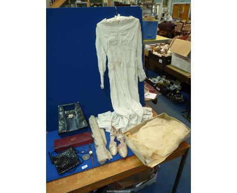 A vintage button back Wedding Dress and shoes, a leather glove box, leather handbag, Stuart Harper Celtic brooch, etc.