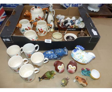 A quantity of china to include: Magic Roundabout mugs, hunting theme tea pot, jugs and sugar bowl, Carltonware condiments, Be