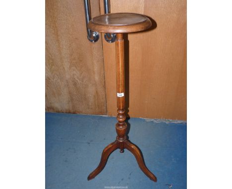 A Satinwood Torchere having a turned and lightwood strung pillar and three splay feet, the top 10 3/4" diameter x 39" high.