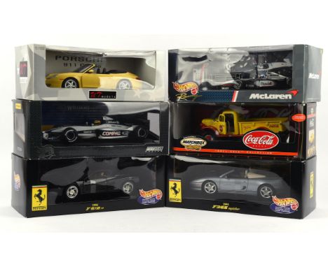 Six scale model cars to include Hot Wheels Ferrari (1:18), Hot Wheels McLaren Mercedes MP-14 (David Coulthard - 1:24), Hot Wh