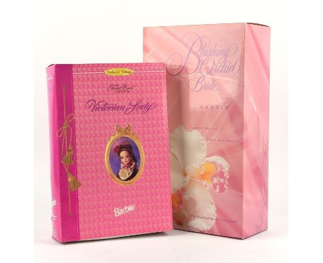 Two boxed Barbie Dolls by Mattel. Blushing Orchid Bride Barbie, Limited Edition with number sticker 00118 to reverse of box. 