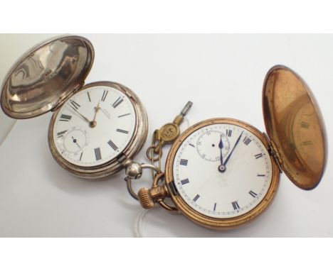 Hallmarked silver key wind full hunter pocket watch and a gold plated example 