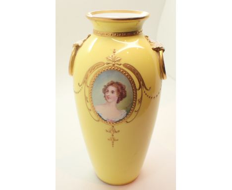 Minton yellow ground vase with hand painted portrait of a lady signed M Dudley H: 21 cm CONDITION REPORT: No cracks, chips or