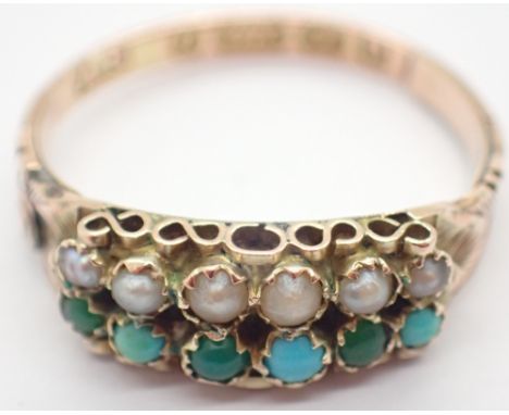 Antique 9ct gold turquoise and seed pearl ring size K 1.3g 
