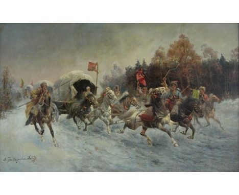 Adolf Baumgartner - Stoiloff 1850-1924 RUSSIAN COSSACKS IN TAIGAO/C, 82cm x 128cm, frame: 100cm x 146cm, signed L.L.Adolf Bau