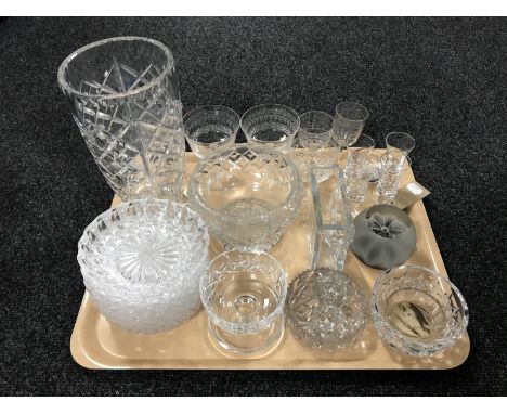 A tray of glass, grapefruit dish, vases, together with a Caithness ice blossom paperweight 