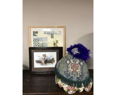 A pair of Hal Hurst framed prints - Leaving and Taking a rest, together with a beech framed print, two standard lamp shades a