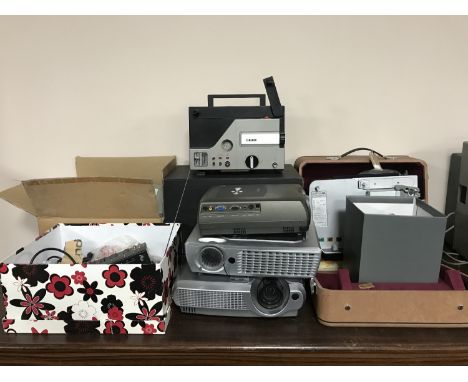 A quantity of projector equipment and accessories including three by Hitachi, Sahara and Infocus, vintage items by Cinorex an